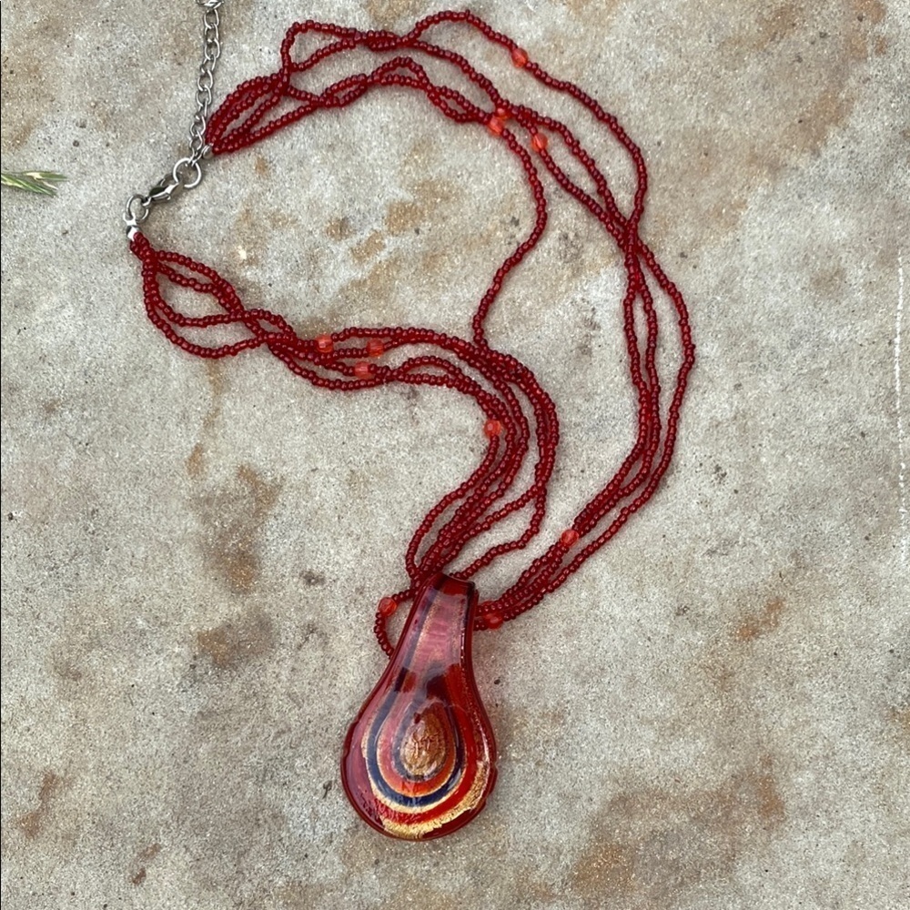 Glass pendant necklace seed bead cord chunky artsy Lagenlook y2k statement
